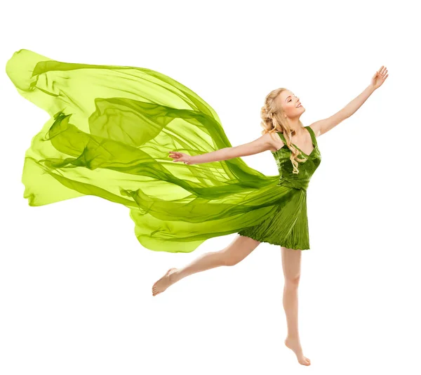 Donna felice danza in abito verde volante, Bella ragazza — Foto Stock