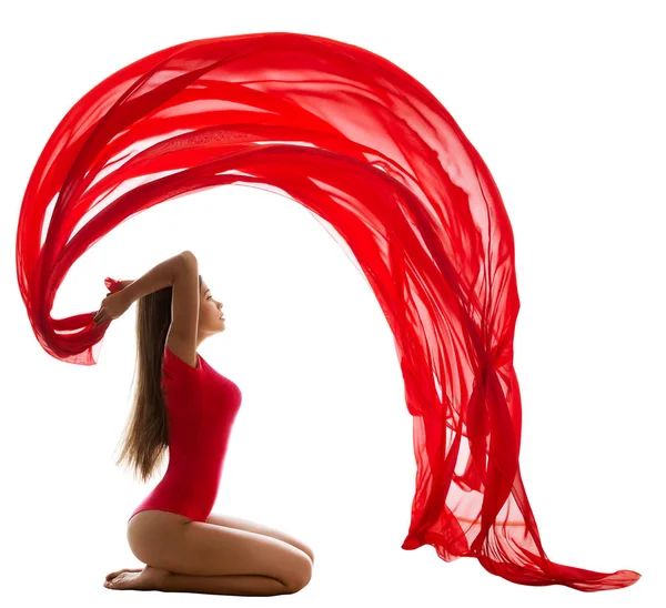 Спортивна жіноча гімнастика тренування з розвіваються тканиною, гімнастка — стокове фото