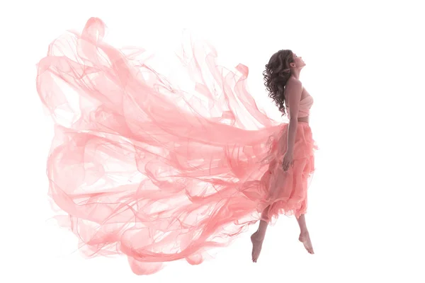 Woman in Fashion Pink Dress, Ballet Dancer Girl in Jump, White — стокове фото