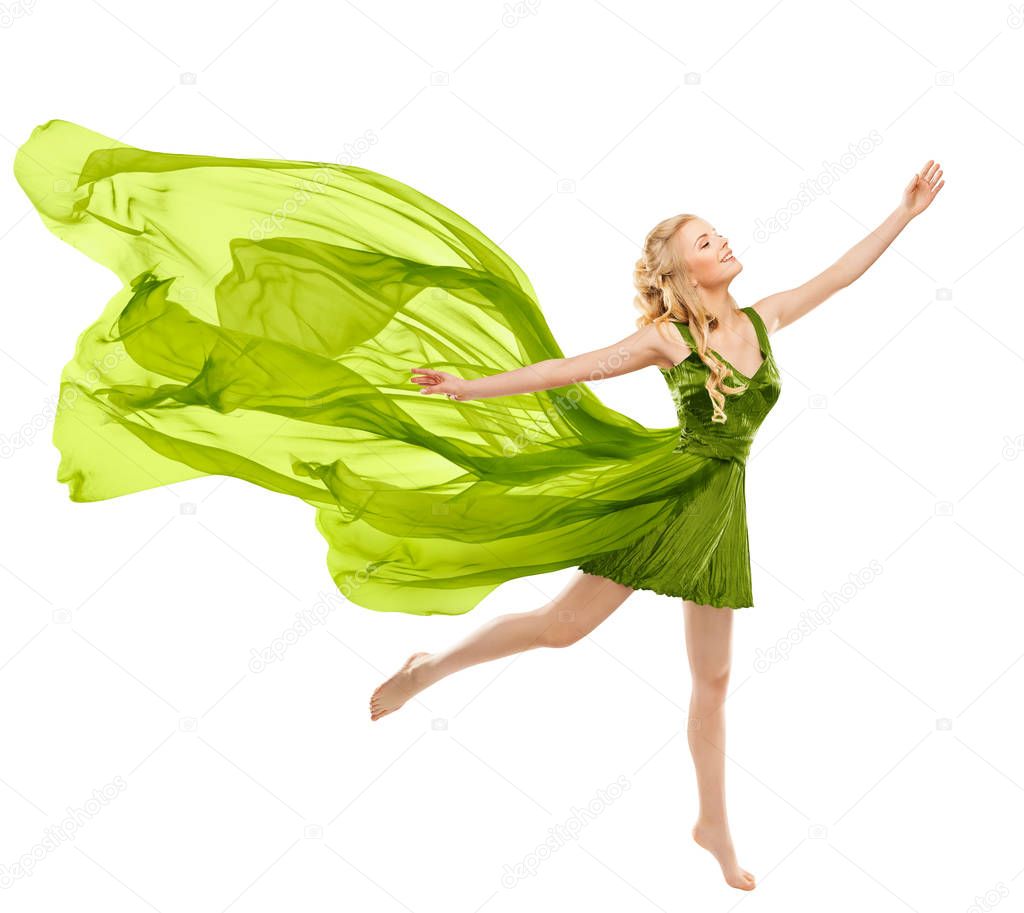 Happy Woman Dance in Flying Green Dress, Beautiful Young Girl