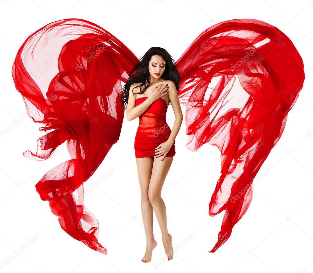 Angel Red Wings, Sexy Woman with Fabric Wing and Broken Heart