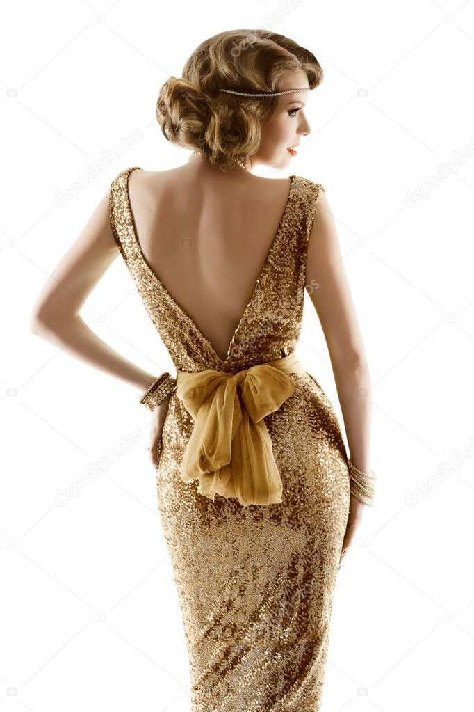 Retro Fashion Model Gold Dress, Woman Old Fashioned Beauty