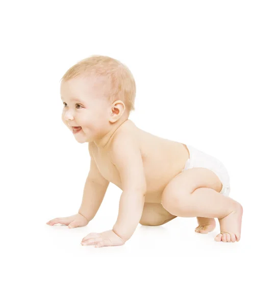 Krabbelkind, Kleinkind kriecht auf weißem Hintergrund, glückliches Kind — Stockfoto