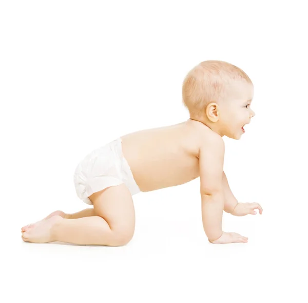 Bebé gateando, Niño bebé gatear sobre fondo blanco, Niño feliz — Foto de Stock