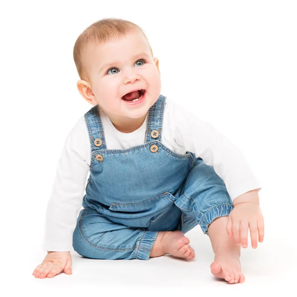 Bebé feliz, bebé sentado en blanco, niño riéndose — Foto de Stock