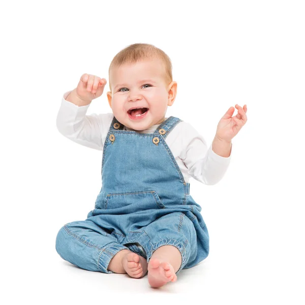 Щаслива дитина, немовля дитина сидить на білому, сміється дитини — стокове фото