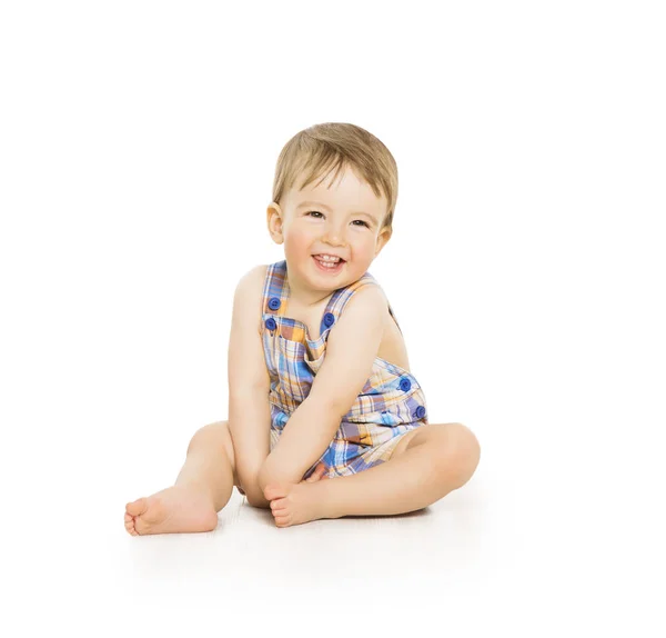 Baby jongen, gelukkige peuter Kid zittend op wit, kind één jaar — Stockfoto