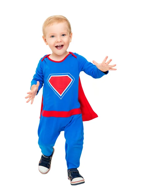 Baby super hero, kid boy im super man kostüm, kind auf weiß — Stockfoto