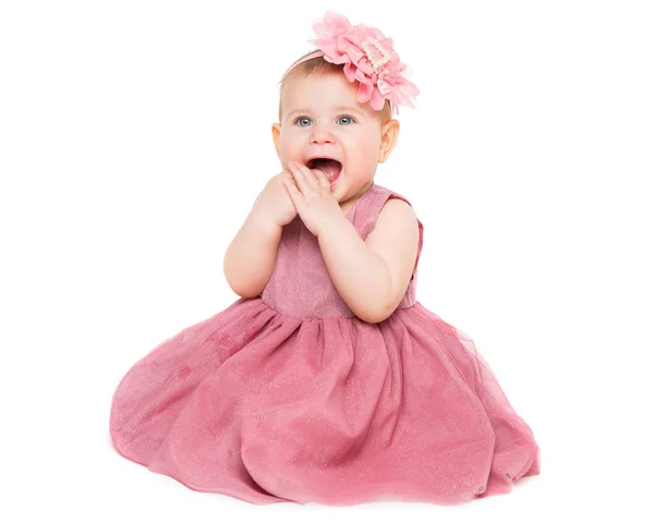 Baby Girl w sukni, Happy Kid na białym tle, Dziewczyna jeden rok — Zdjęcie stockowe