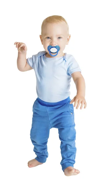 Baby Boy dummy teljes hosszúságú portré, boldog Kid Walking fehér — Stock Fotó