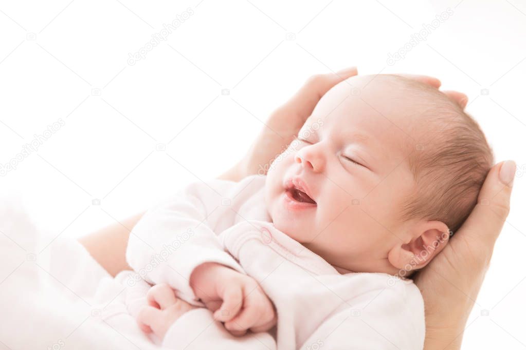 Newborn Baby Sleep on Mother Hands, New Born Smiling Girl