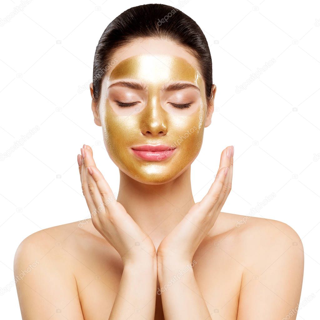 Woman Gold Mask, Beautiful Model with Golden Skin Cosmetic