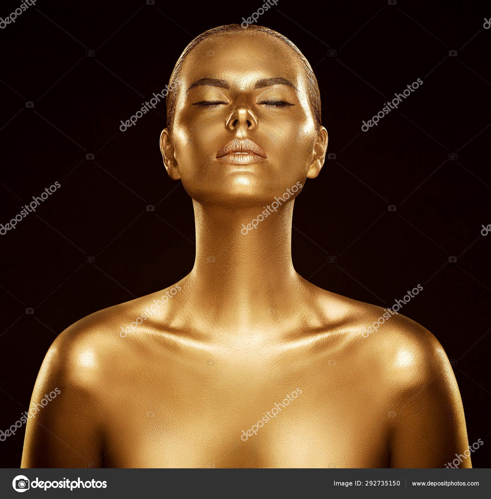 Brunette Woman In Gold Body Paint, Profile View Image & Design ID