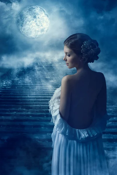 Fantasy Woman Back Rear View Portrait in Moon light, Mystic Girl — Stock Photo, Image