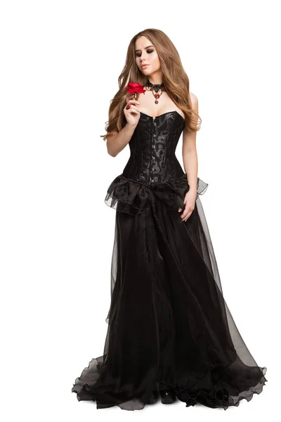 Divatmodell fekete ruha, nő a hosszú retro ruha fehér — Stock Fotó