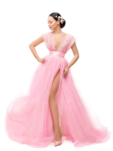 긴 핑 드레스, 아시아 여자 아름다움 전체 길이 초상화에 패션 모델 — 스톡 사진