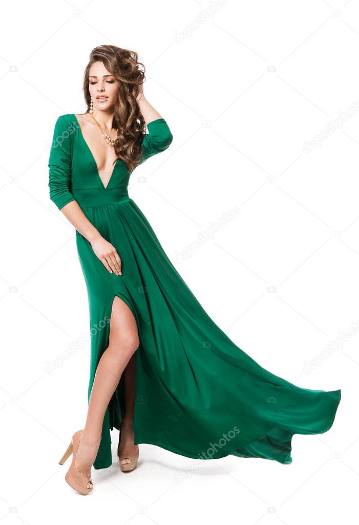 Fashion Model Green Dress, Woman Beauty Hairstyle Full Length Portrait 