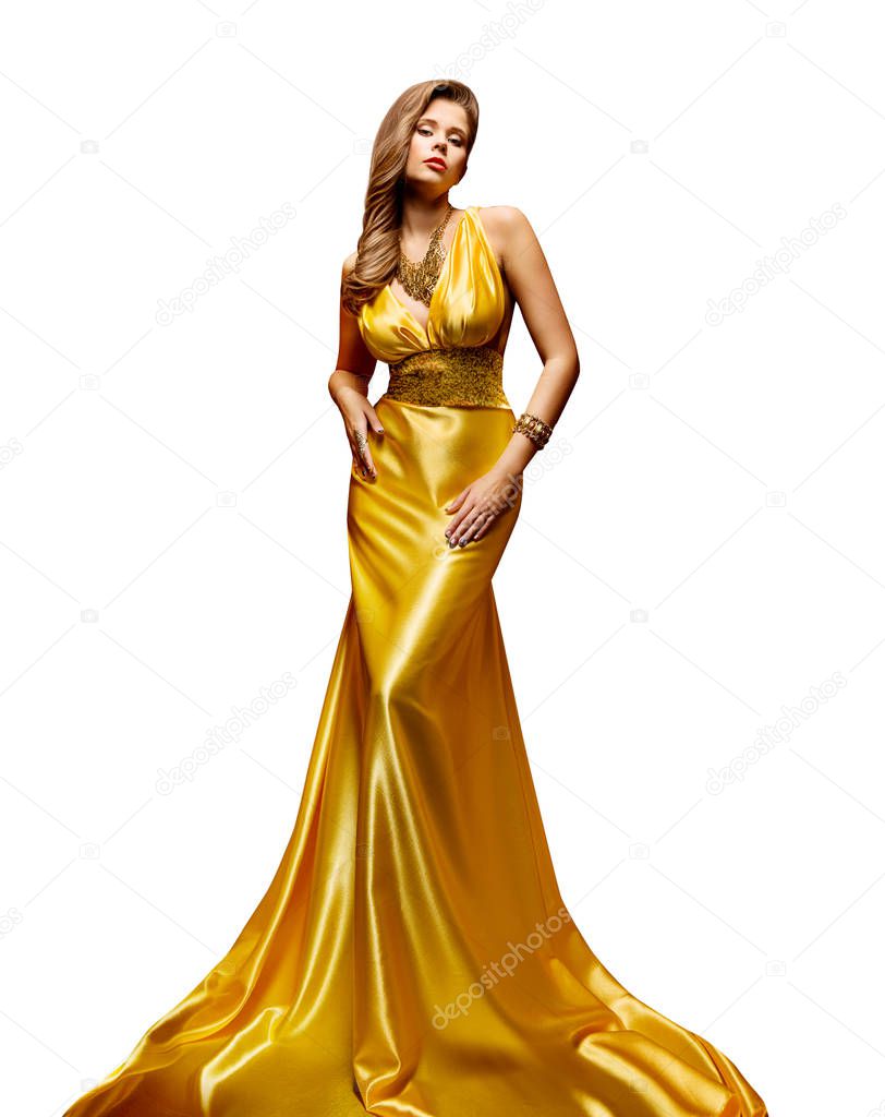 Fashion Model Gold Dress, Woman Full Length Portrait Golden Gown on White