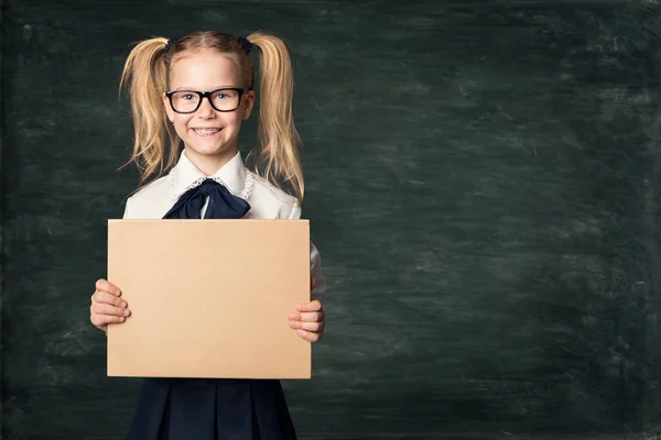 Girl Advertising Poster in School Classroom, Pupil Child hold Board Advertisement — Stock Photo, Image