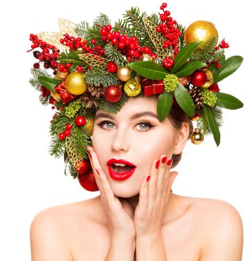 Noel Kadını Yüzü Güzellik Yüzü, Çelenk Saç Tarzı. Xmas Moda