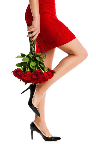 Woman Legs Red Dress Flowers Roses Bouquet Beautiful Girl High — Stock Photo, Image