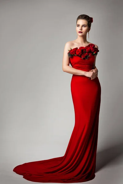 Woman Red Evening Dress Flowers Roses Elegant Fashion Model Beauty — Stock Photo, Image