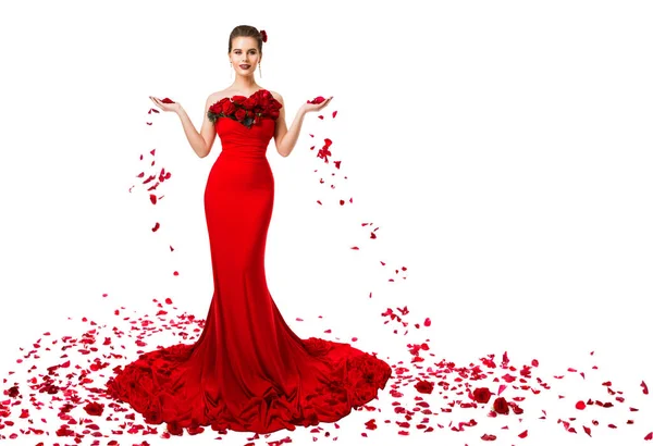 Woman Throwing Petals Roses Flowers Red Evening Dress Elegant Fashion — Stock Photo, Image