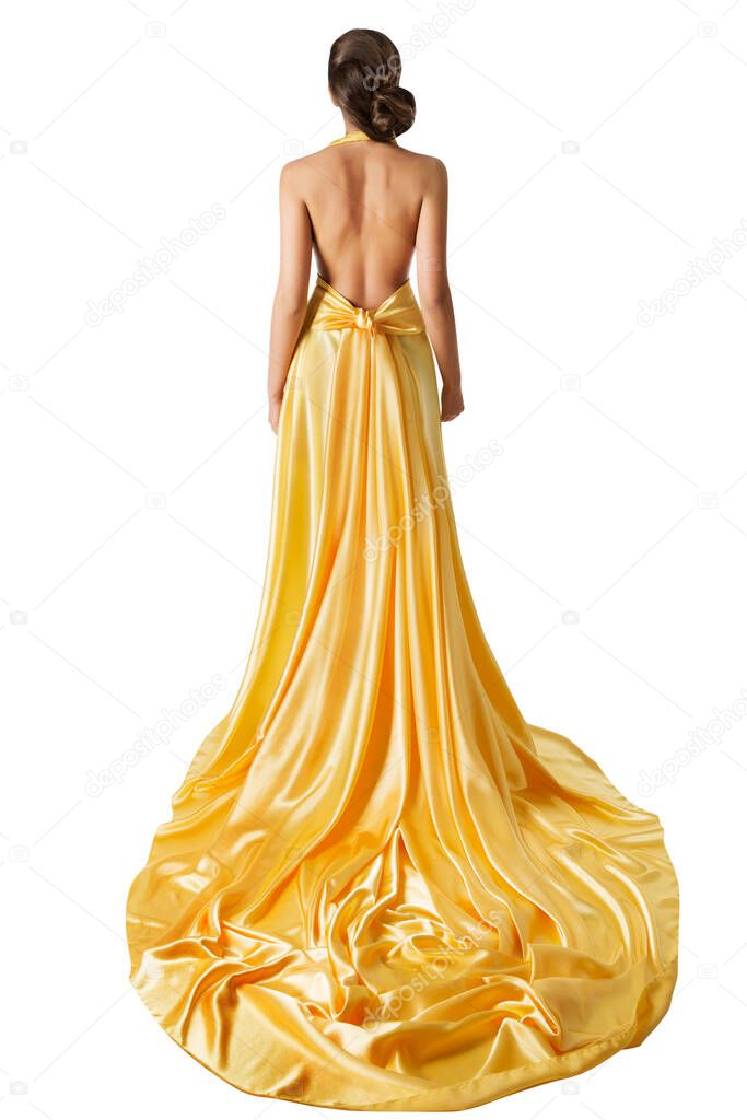 Woman Evening Dress Back Rear View, Elegant Fashion Model in beautiful Gown with long Train Tail