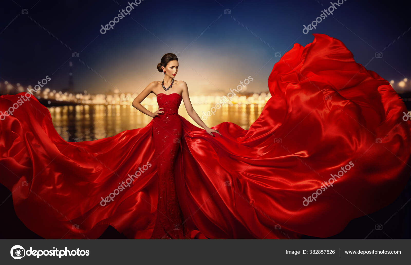 Fashion Model Fluttering Dress Night City Street Lights Elegant Woman Stock  Photo by ©inarik 382857526