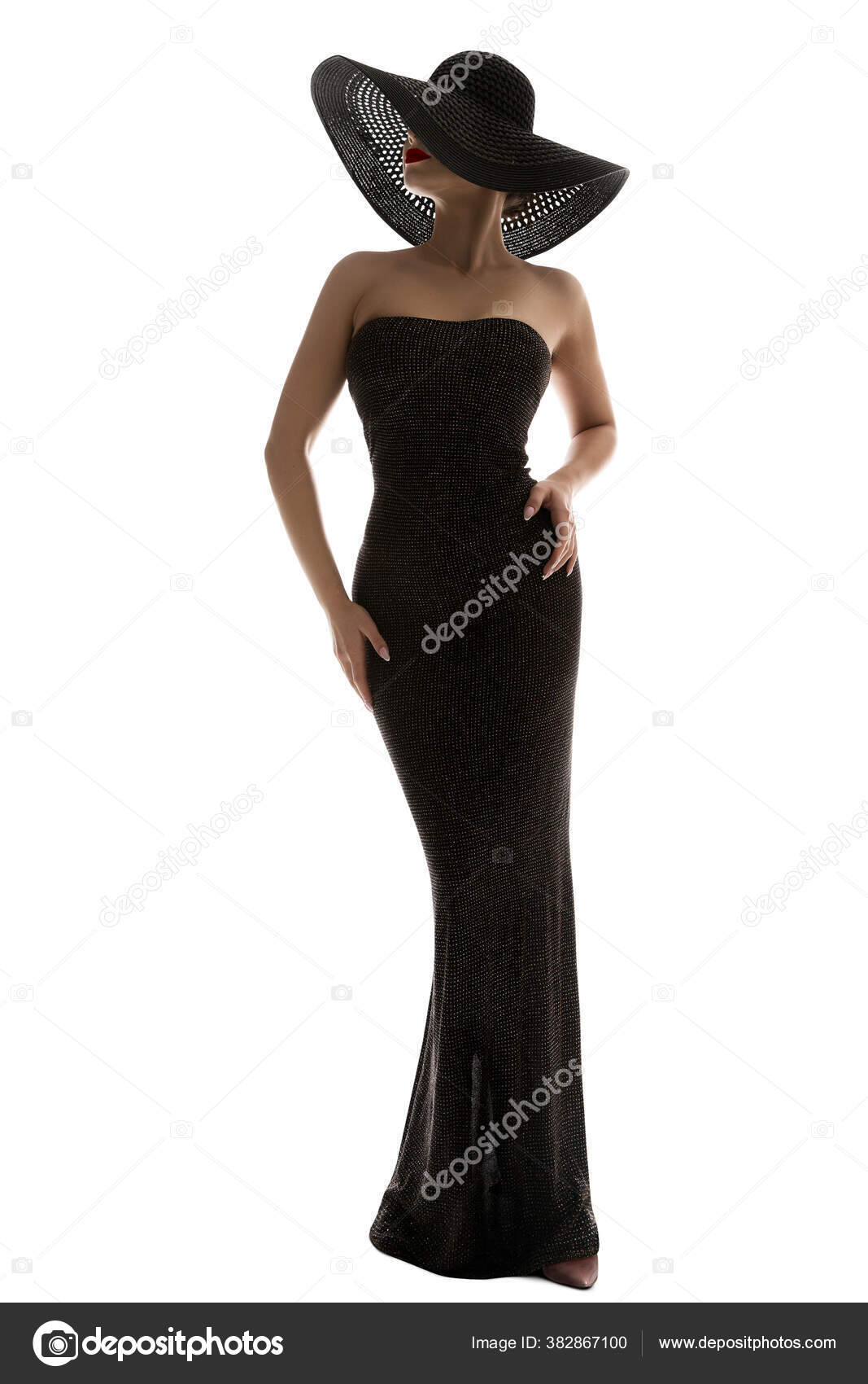 Fashion Model Long Dress Wide Brim Hat Elegant Woman Black Stock Photo