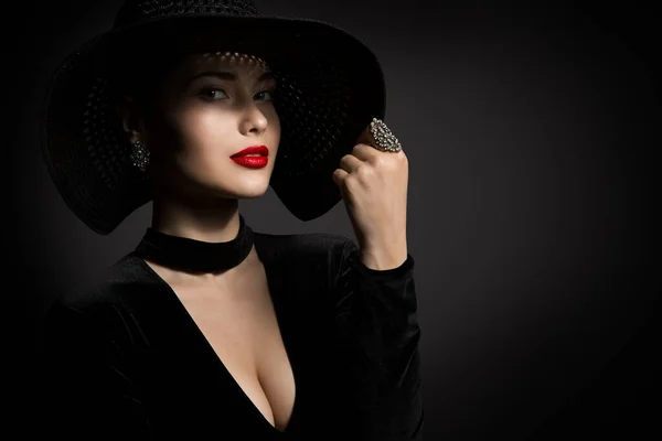 Hermosa Mujer Sombrero Negro Elegante Lady Beauty Studio Retrato Vestido — Foto de Stock