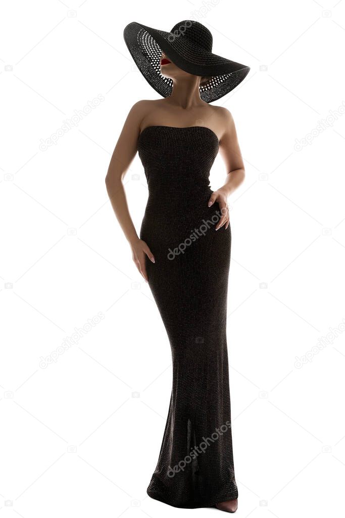 Fashion Model Long Dress Wide Brim Hat, Elegant Woman in Black Gown, full length on white background