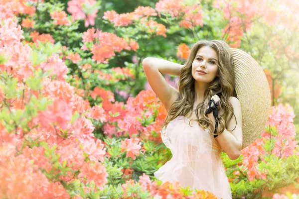 Fashion Model Rhododendron Flowers Beautiful Young Woman Blooming Pink Garden — Stock Photo, Image