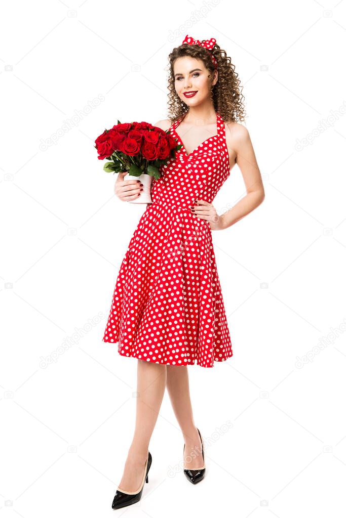 Woman Red Polka Dots Dress with Flowers Roses Bouquet, Beautiful Fashion Model Beauty Portrait on white