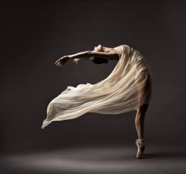 İpek Kumaşla Dans, Çırpınan Kumaşta Modern Bale Dansçısı, Pointe Shoes, Gri Dansçı