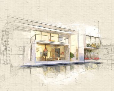 Havuzlu, güzel modern villa geç öğleden sonra gösterimi