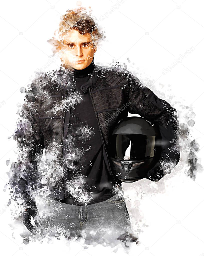 Illustration of Bicker in black holding his crash helmet