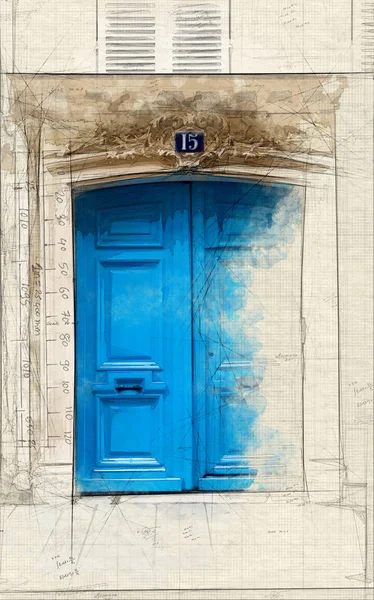 Ilustración Típica Entrada Del Edificio Parisino Con Puertas Azules Edificio — Foto de Stock