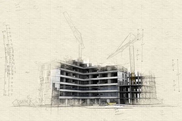 青写真 銀行のフォーム エネルギー効率のグラフ電卓と建設中の建物のイラスト — ストック写真