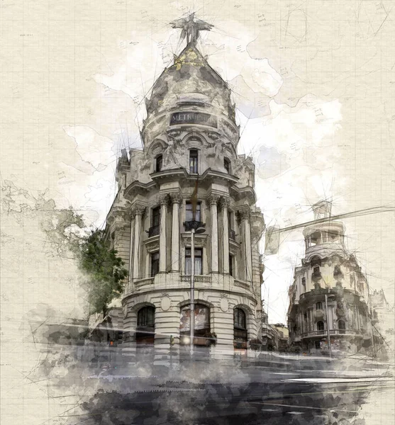 Sketch Typical Madrid View Alcala Gran — Stock Photo, Image