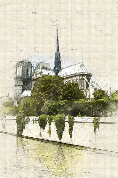 Ilustrace Notre Dame Paris Řeky Vegetací Plném Květu — Stock fotografie