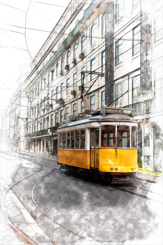 Sketch of Vintage yellow tramway in the streets of Lisbon