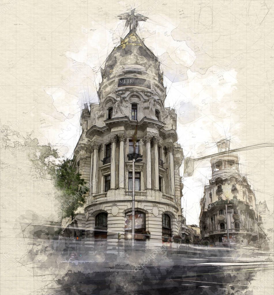 Sketch of the typical Madrid view between Alcala and Gran Via