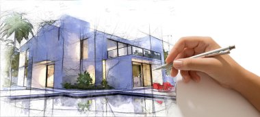 Hand drafting a luxurious house with pool clipart