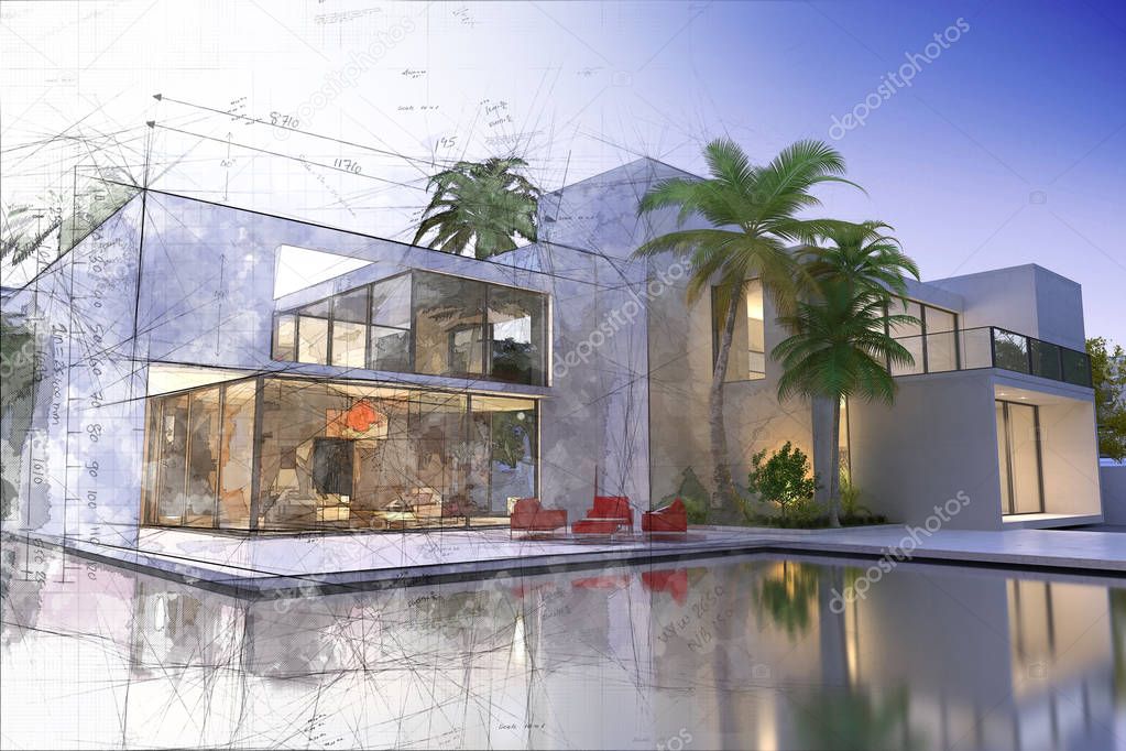 Draft and final rendering of luxurious villa