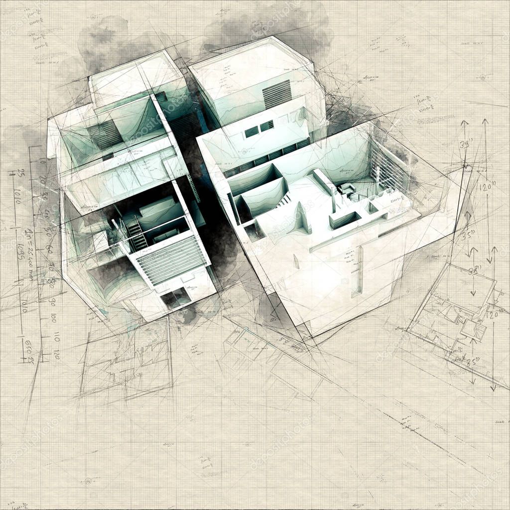 Designer Modern building on blueprints