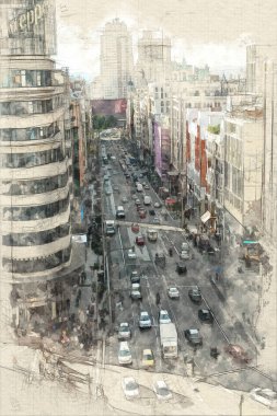 Madrid'de Gran Via'nın havadan görünümü
