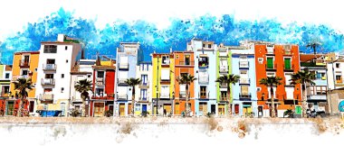Colorful coastal village painting clipart