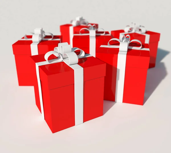 Stapel Van Rode Geschenkdozen Met Witte Linten — Stockfoto