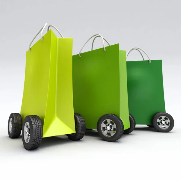 Grüne Einkaufstüten auf Rädern — Stockfoto